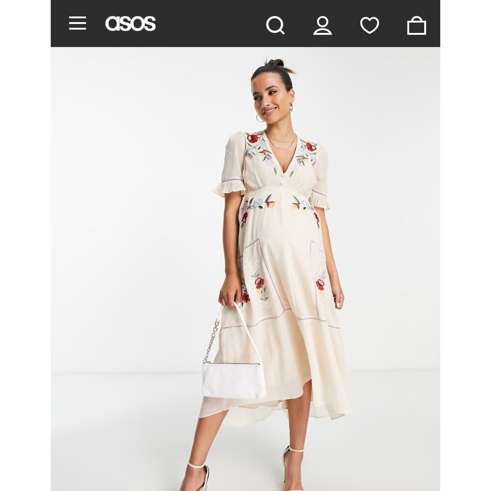 Asos Cream Midi Dress With Floral Embroidery